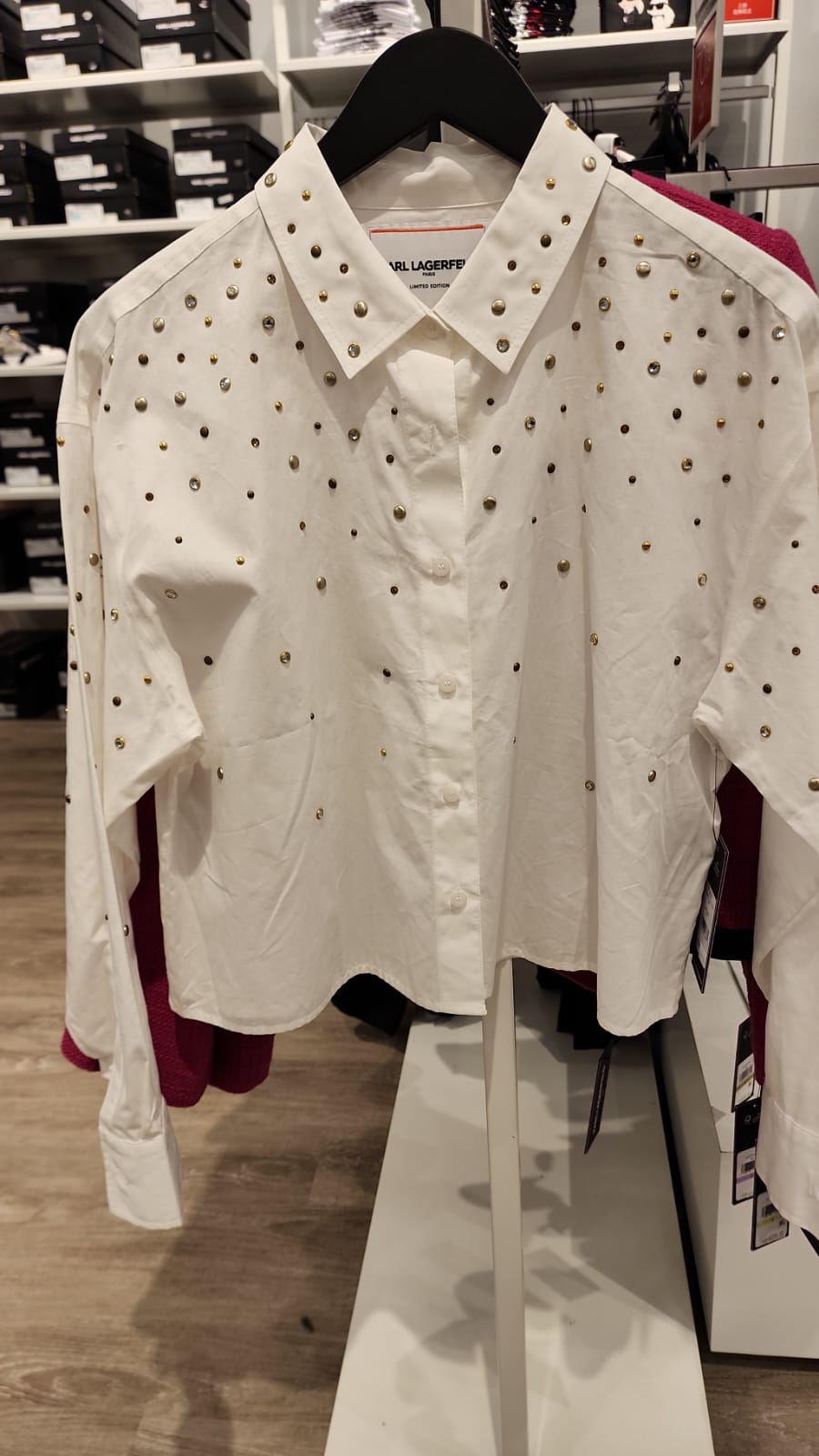 Karl Lagerfeld Paris Womens' LONG SLEEVE CROP STUDDED POPLIN SHIRT