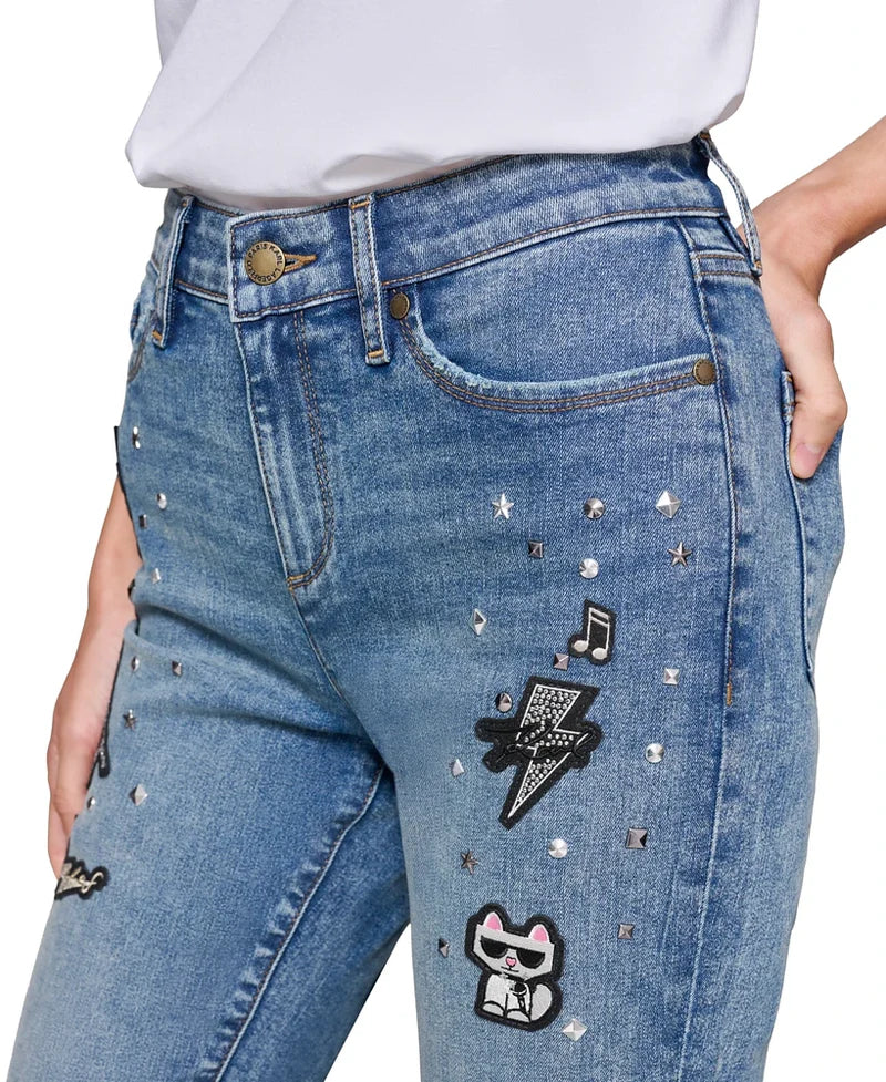 Macy's Karl Lagerfeld Paris Women's Super Stretch Embellished Straight-Leg Patch Jeans