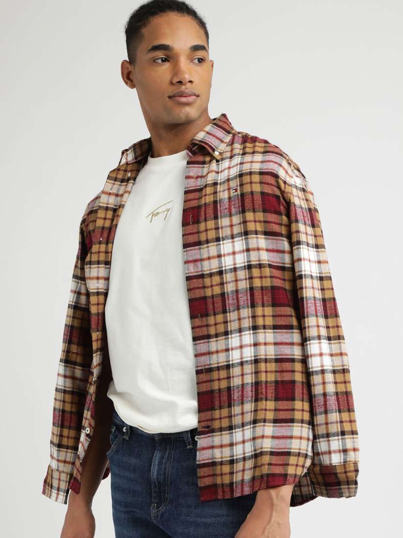 Tommy Hilfiger Men Button-Down Collar Tartan Checked Cotton Casual Shirt- heavy material