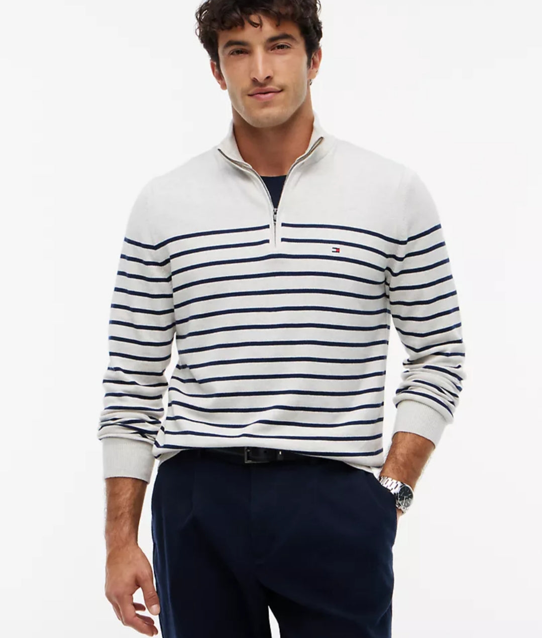 Striped Quarter- Men Zip Sweater-White/Navy Stripe