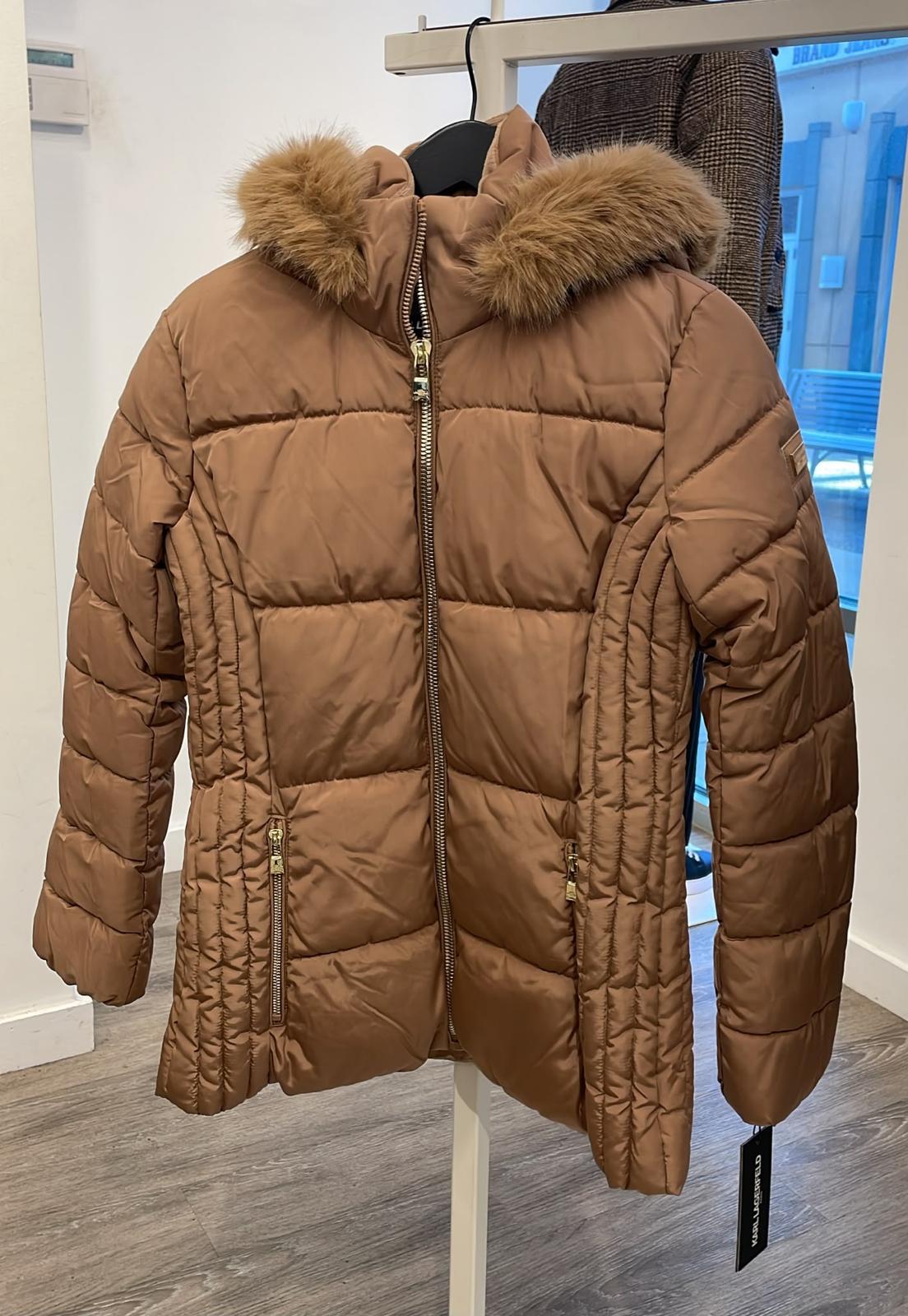 Karl FAUX FUR TRIM HOODED SHORT Women PUFFER-Camel