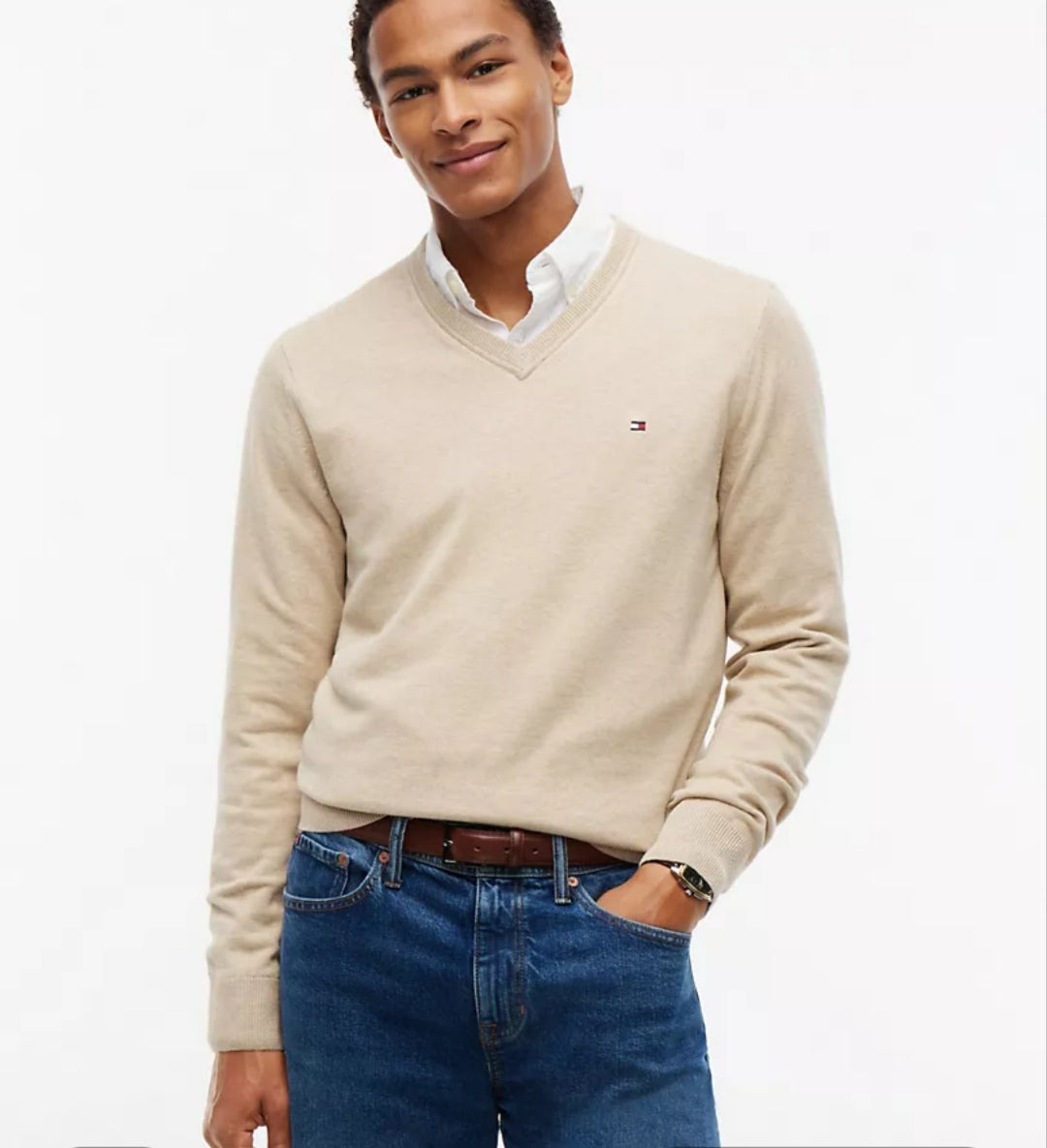 Tommy Solid Logo V-Neck Men Sweater- Semolina Heather