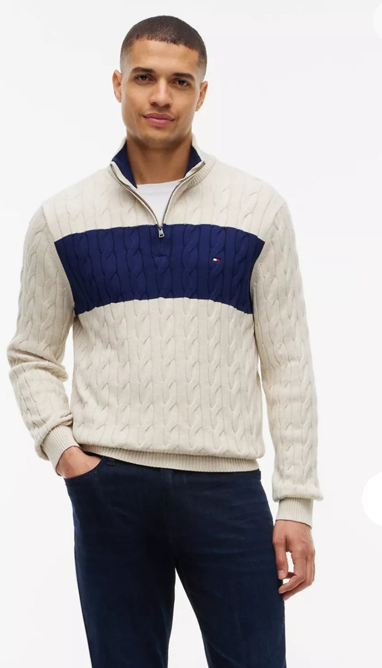 Cable Knit Striped Quarter-Zip Men Sweater - Beige