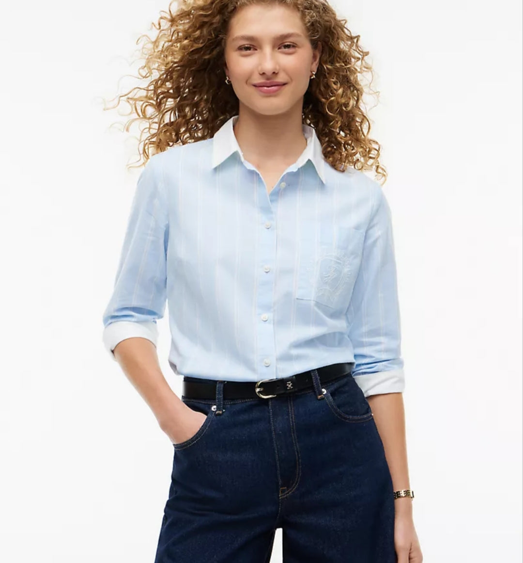 Embroidered Crest Striped Oxford Women Shirt- Vessel Blue