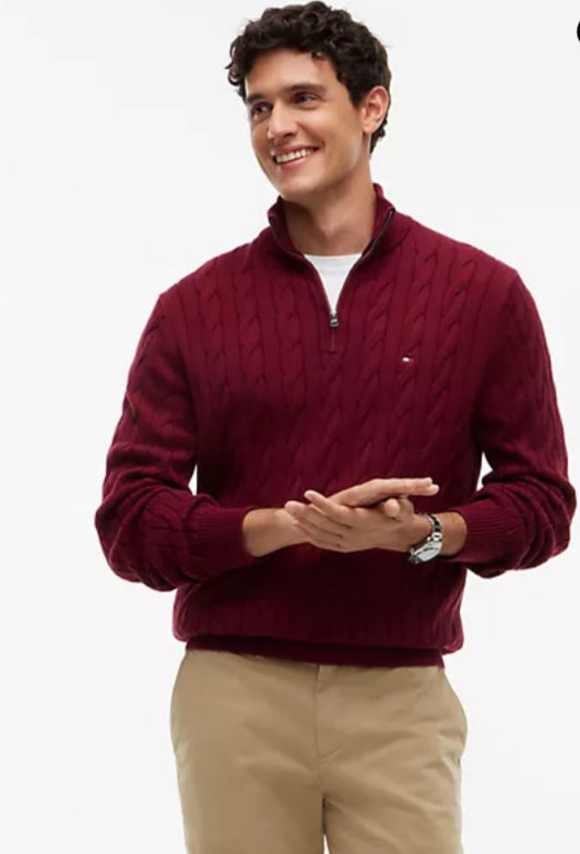 Cable Knit Men’s Quarter-Zip Sweater-Burgundy