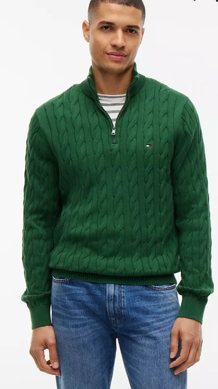 Cable Knit Men’s Quarter-Zip Sweater-Deep Evergreen