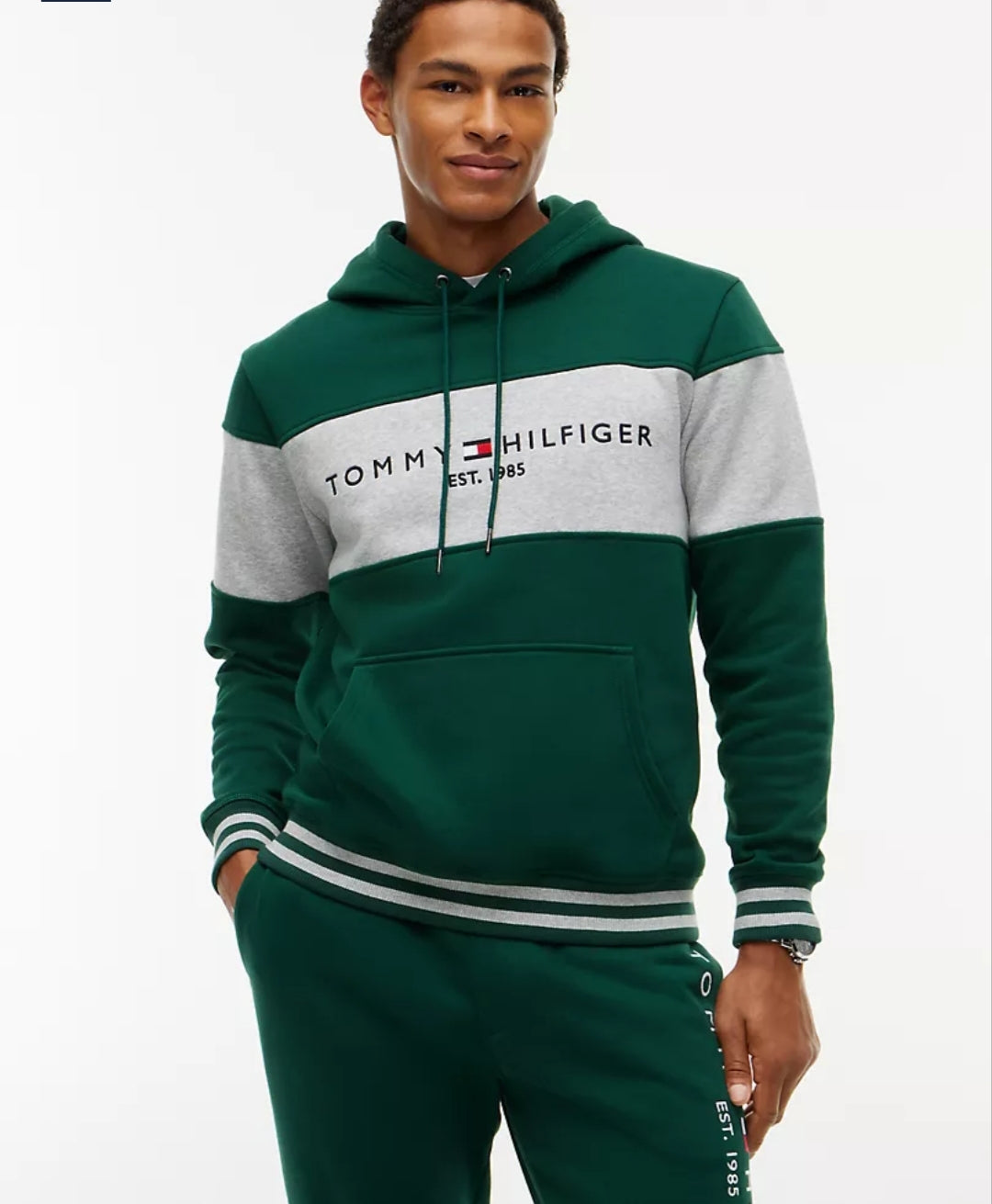 Tommy Logo Colorblock Men Hoodie - Ornamental Green