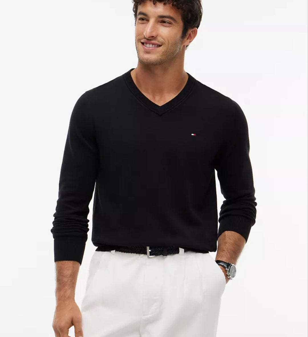 Tommy Solid Logo V-Neck Men Sweater- Black