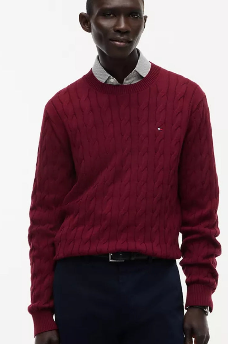 Cable Knit Crewneck Men Sweater-Deep Rouge