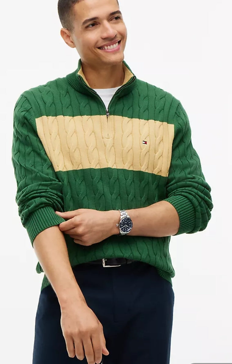 Cable Knit Striped Quarter-Zip Men Sweater - Deep Evergreen