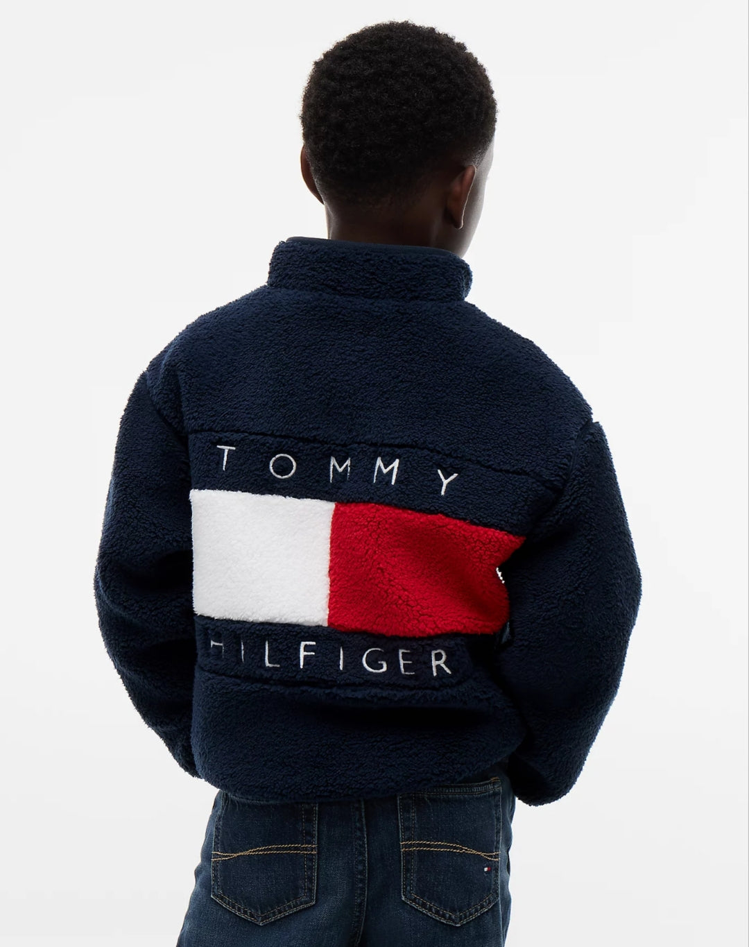 Tommy Back Flag Relaxed Zip-Thru Fleece Boys and Girls Sweatshirt - Dark Blue
