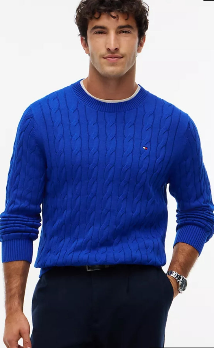 Cable Knit Crewneck Men Sweater-Blue