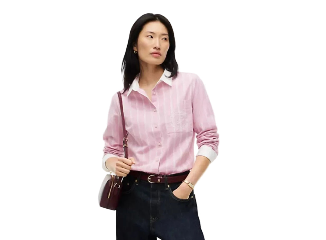 Embroidered Crest Striped Oxford Women Shirt- Mystic Pink
