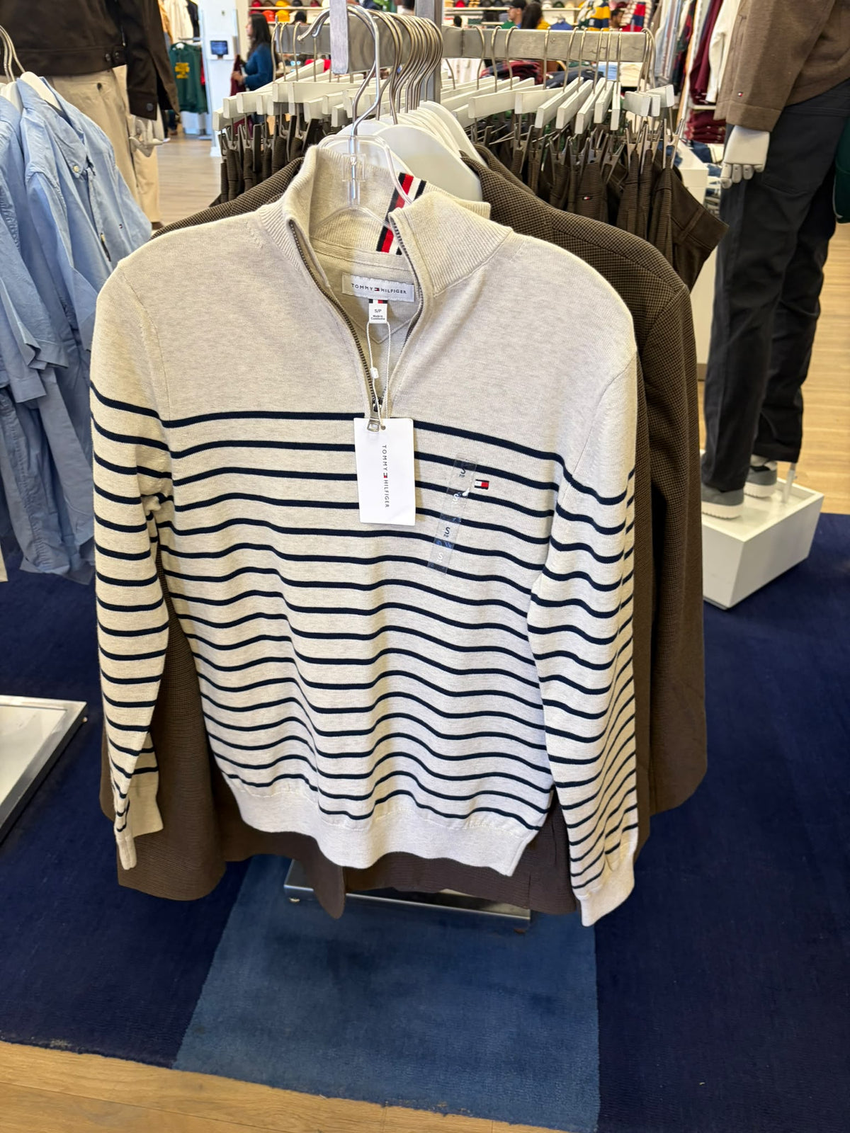 Striped Quarter- Men Zip Sweater-White/Navy Stripe