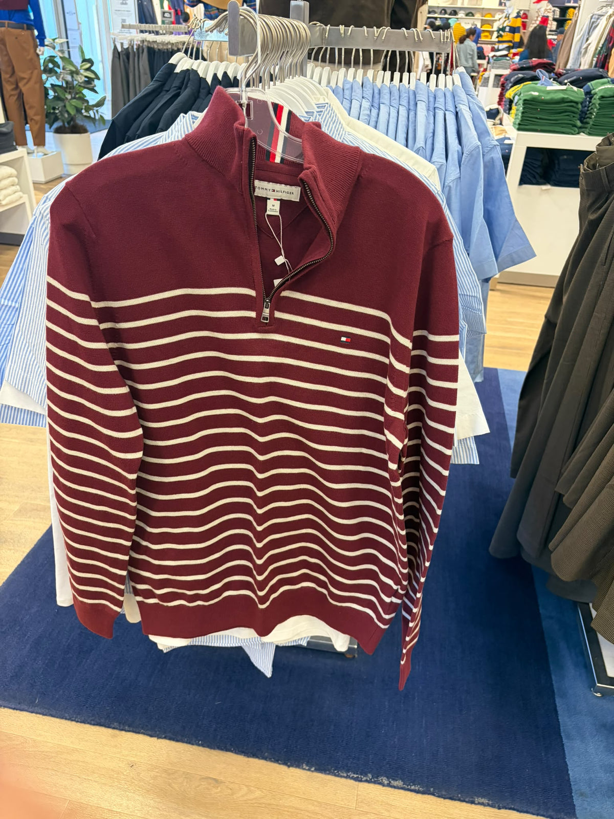 Striped Quarter- Men Zip Sweater-Burgundy / White Stripe