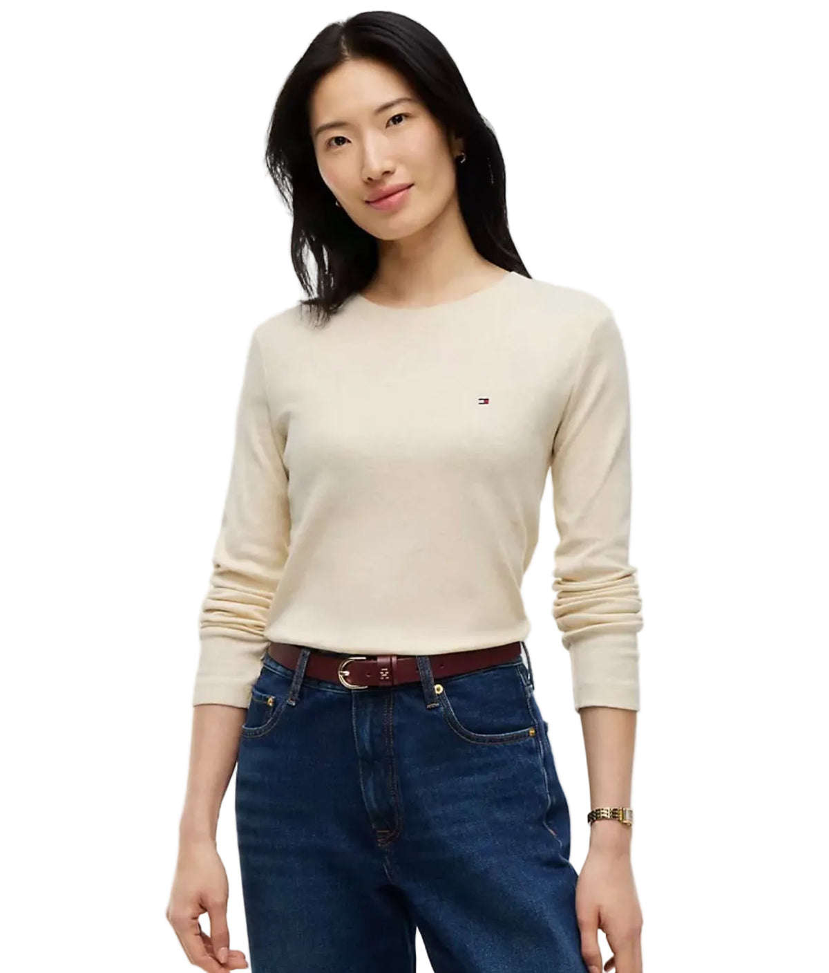Tommy Long-Sleeve Crewneck Favorite Women T-Shirt -Beige