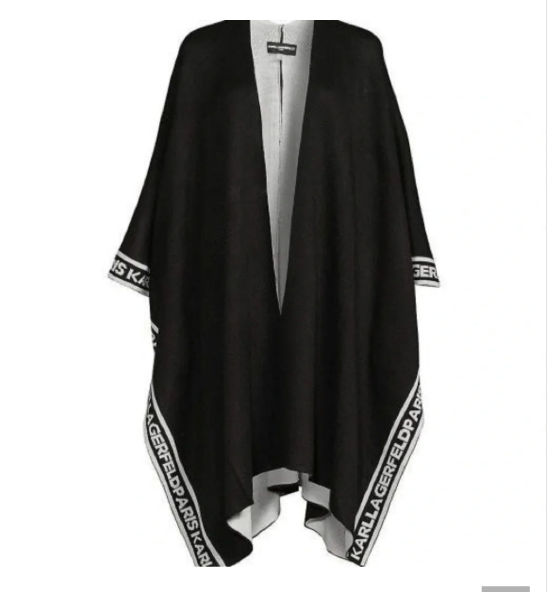 Karl Lagerfeld Black and White Geometric Women Poncho- Black
White