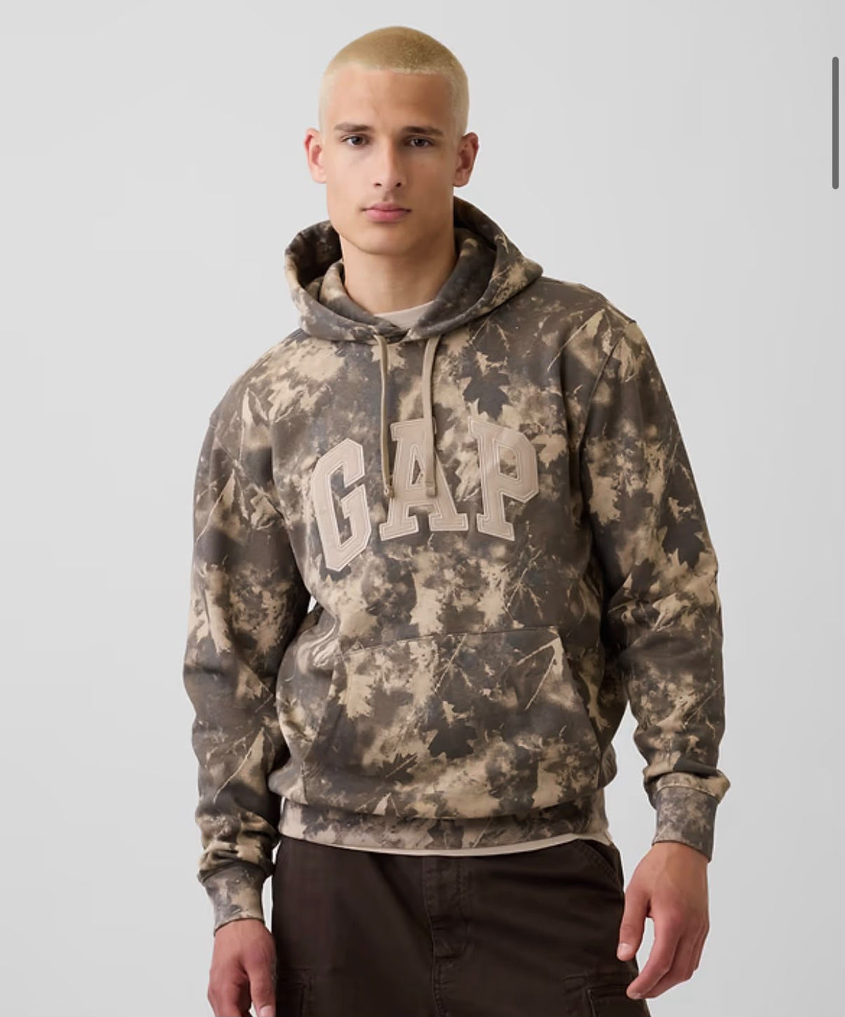 Gap Adult VintageSoft Arch Logo Men Hoodie - Khaki Tan Leaf Print