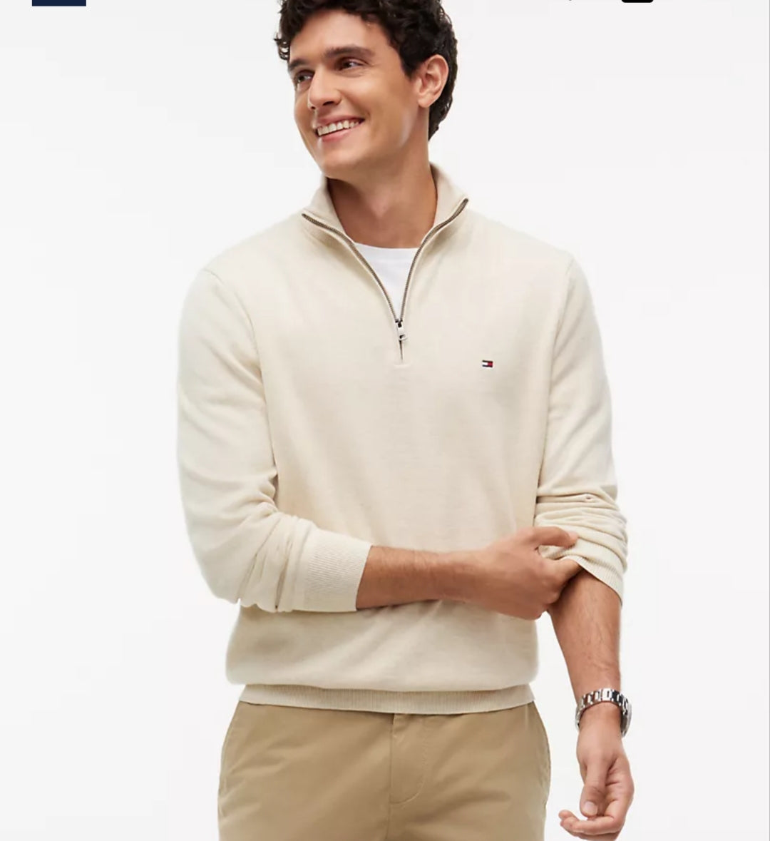 Striped Quarter- Men Zip Sweater-Beige