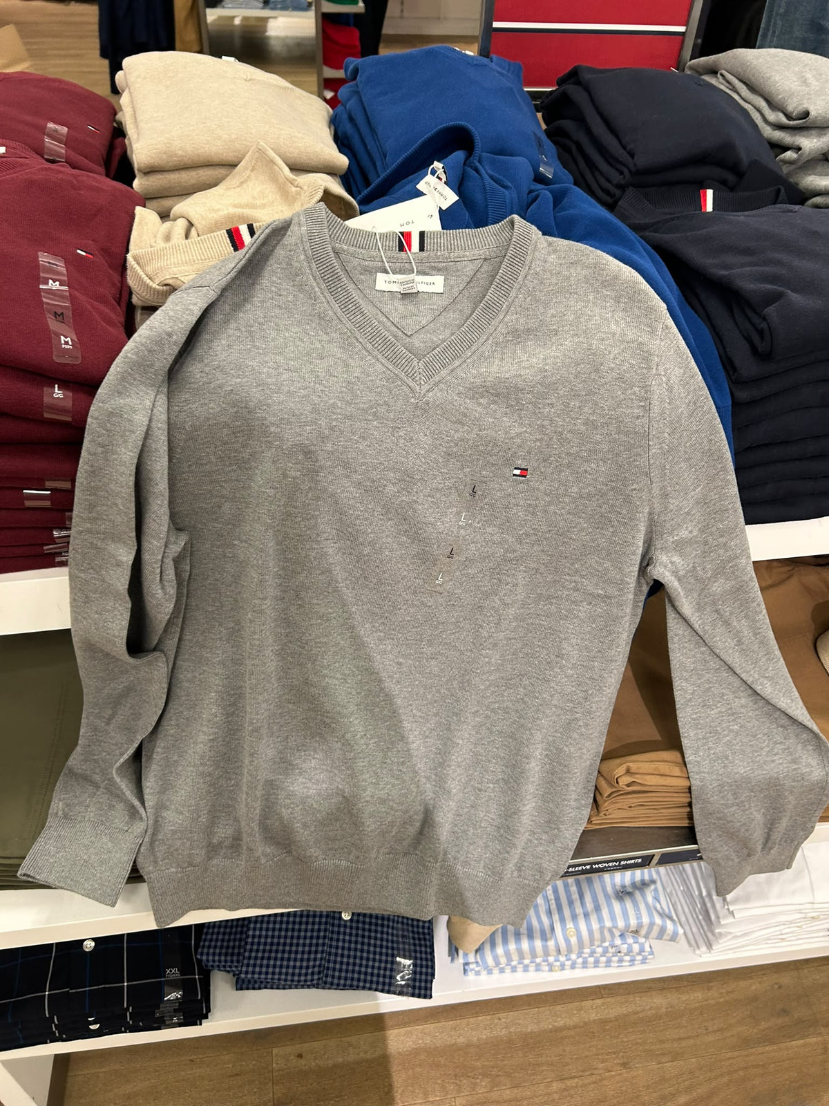Tommy Solid Logo V-Neck Men Sweater- Grey Heather