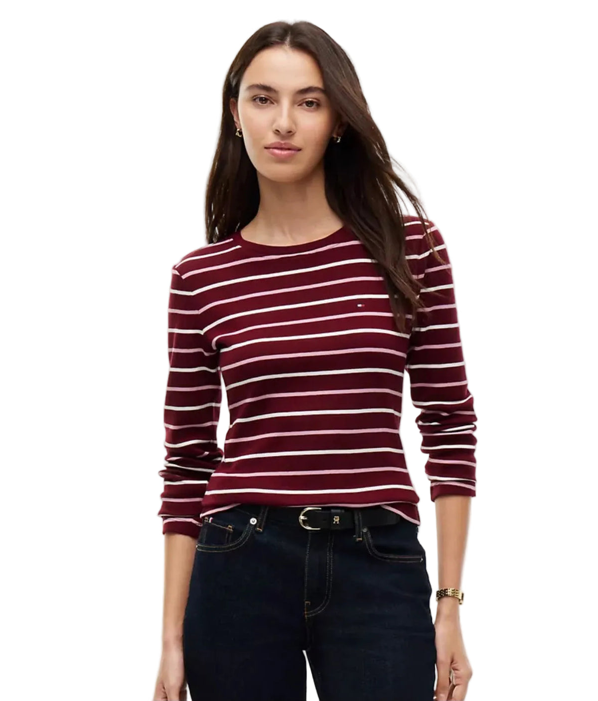 Tommy Long-Sleeve Crewneck Favorite Women T-Shirt - Burgundy Multi
