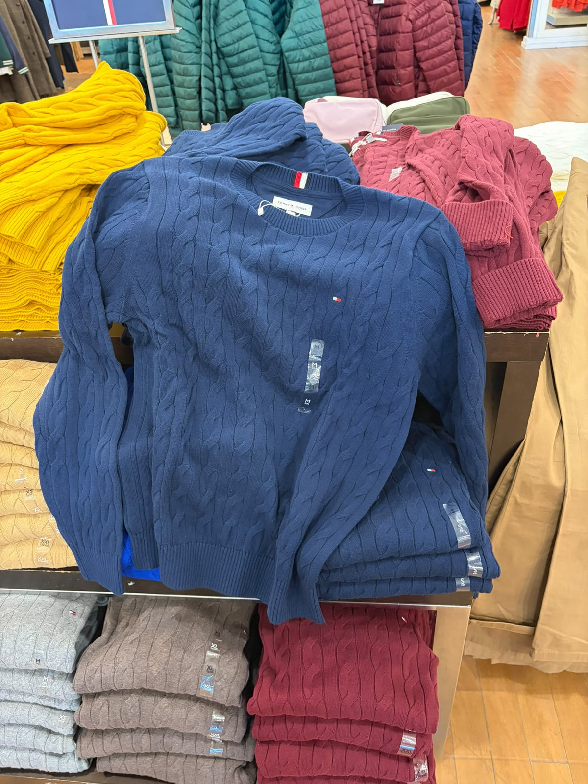 Cable Knit Crewneck Men Sweater-Blue