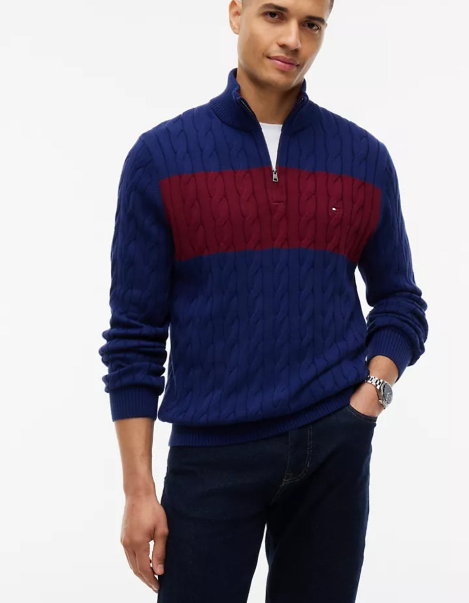 Cable Knit Striped Quarter-Zip Men Sweater - Preppy Navy