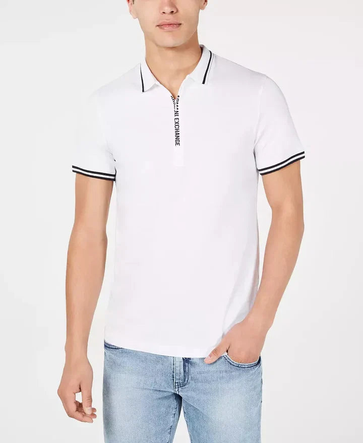 ARMANI EXCHANGE Cotton Quarter-Zip A|X Logo Short-Sleeve Men Polo T-shirt-White