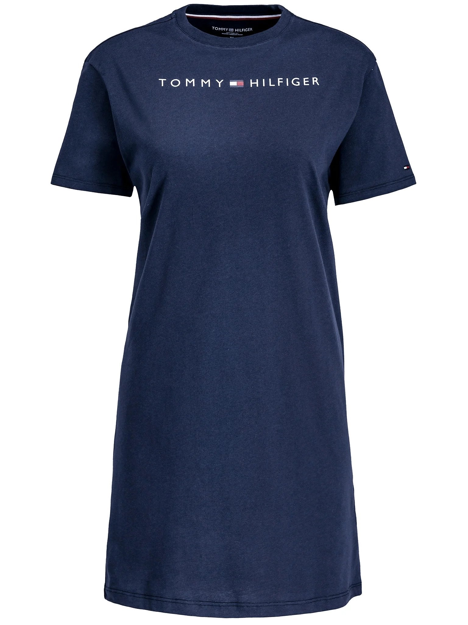 TOMMY HILFIGER WOMENS' Round-Neck Shift Dress with Logo Embroidery / navy