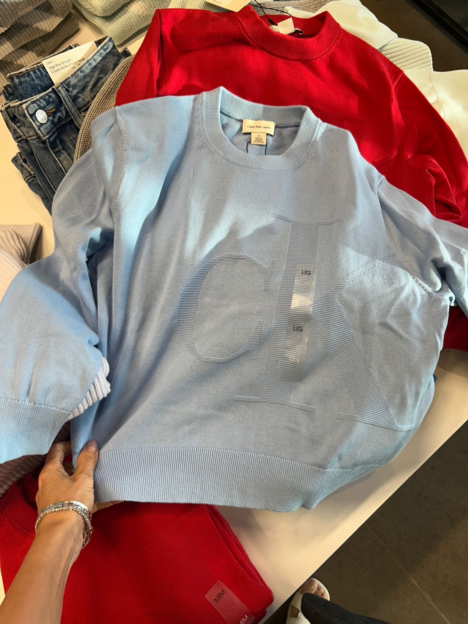 Calvin Klein Womens' Smooth Cotton Monogram Sweater Frozen Fjord