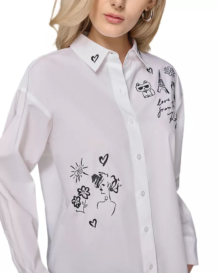 KARL LAGERFELD PARIS Womens' Oversized Whimsy Button Up Shirt