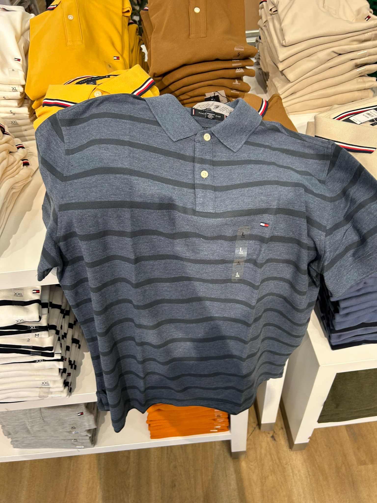 Tommy Mens' Regular Fit Stripe Wicking Polo/ Blue Heather