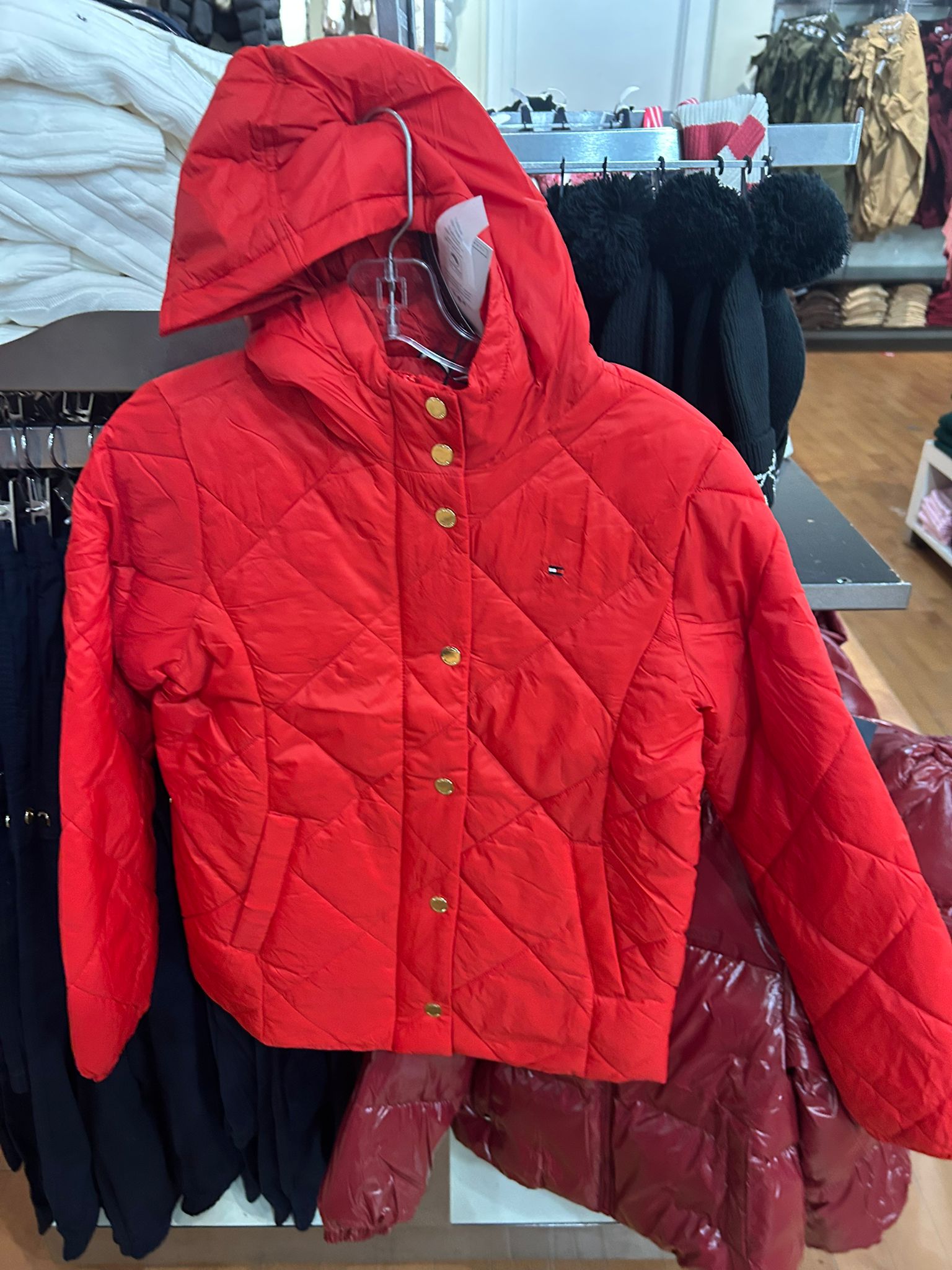 TOMMY Girls Kids' Quilted Hooded Puffer Jacket Deep Crimson