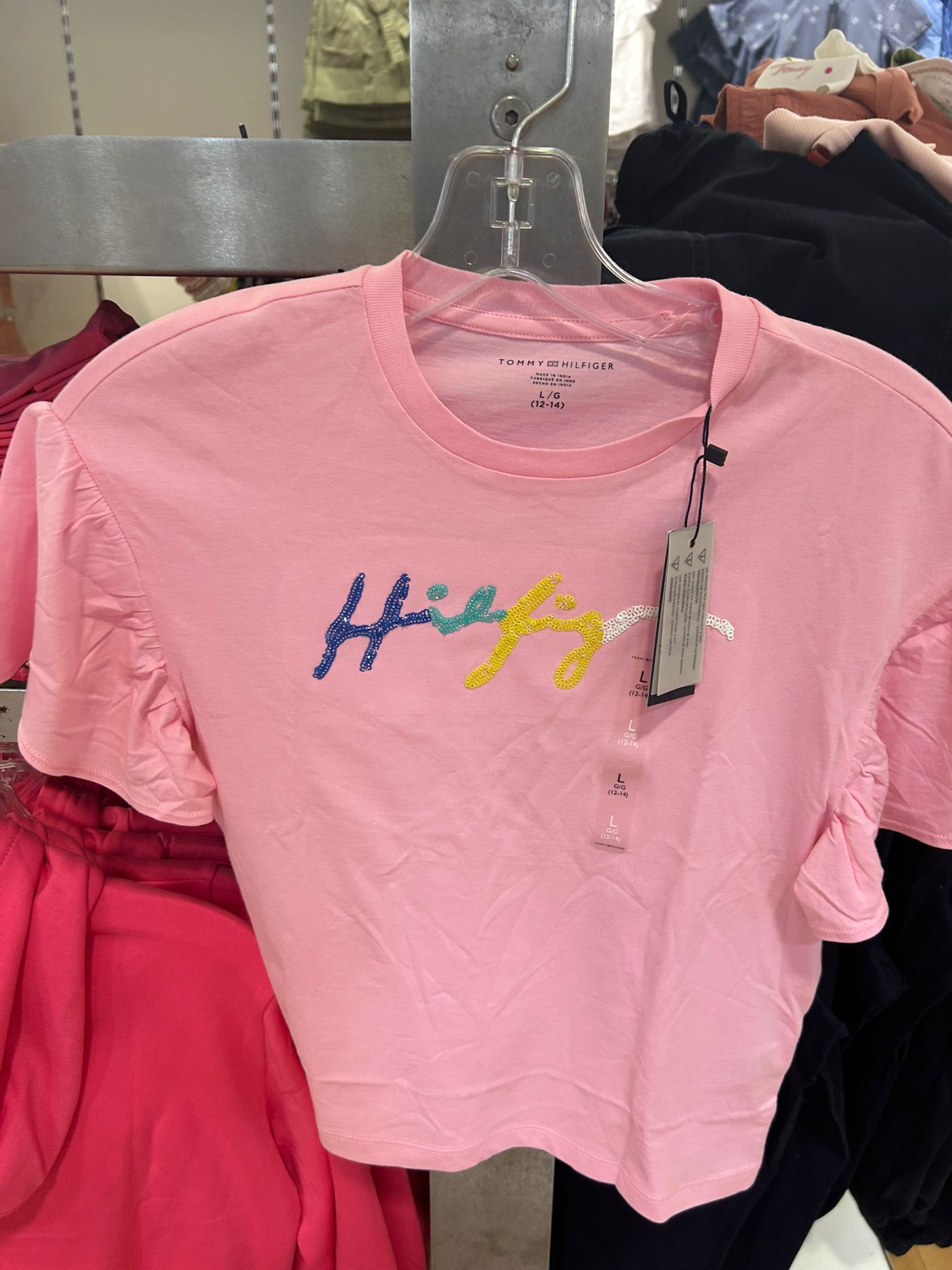 Girls' Tommy Flutter-Sleeve Sequin Logo T-Shirt/ Pink