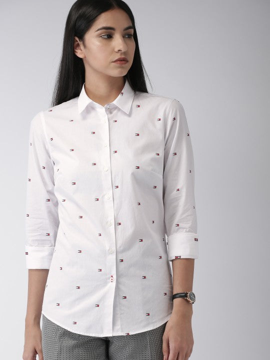 Tommy Hilfiger Women White Regular Fit Self Design Casual Shirt