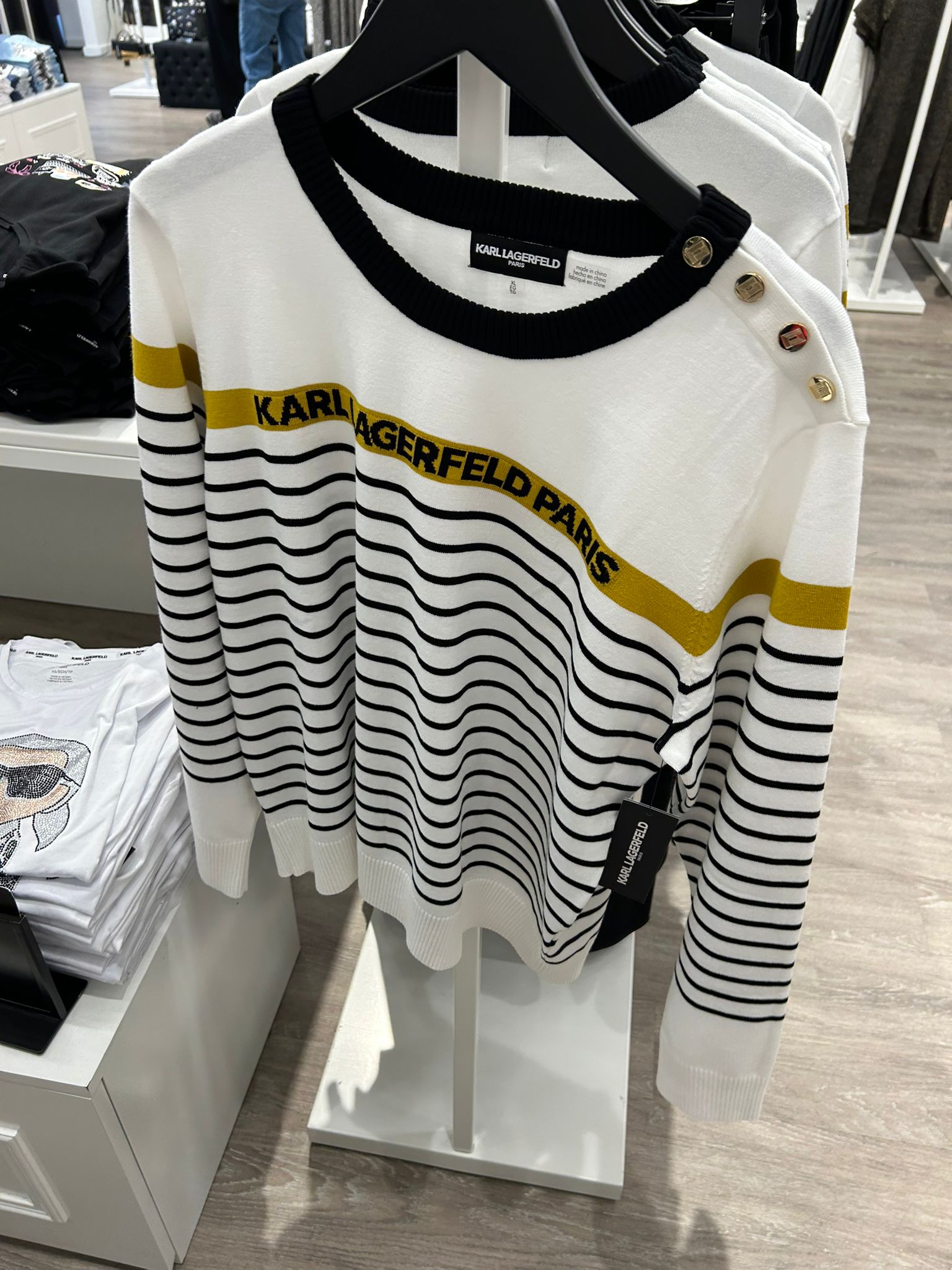 Karl Lagerfeld Paris Womens' STRIPED LOGO SWEATER