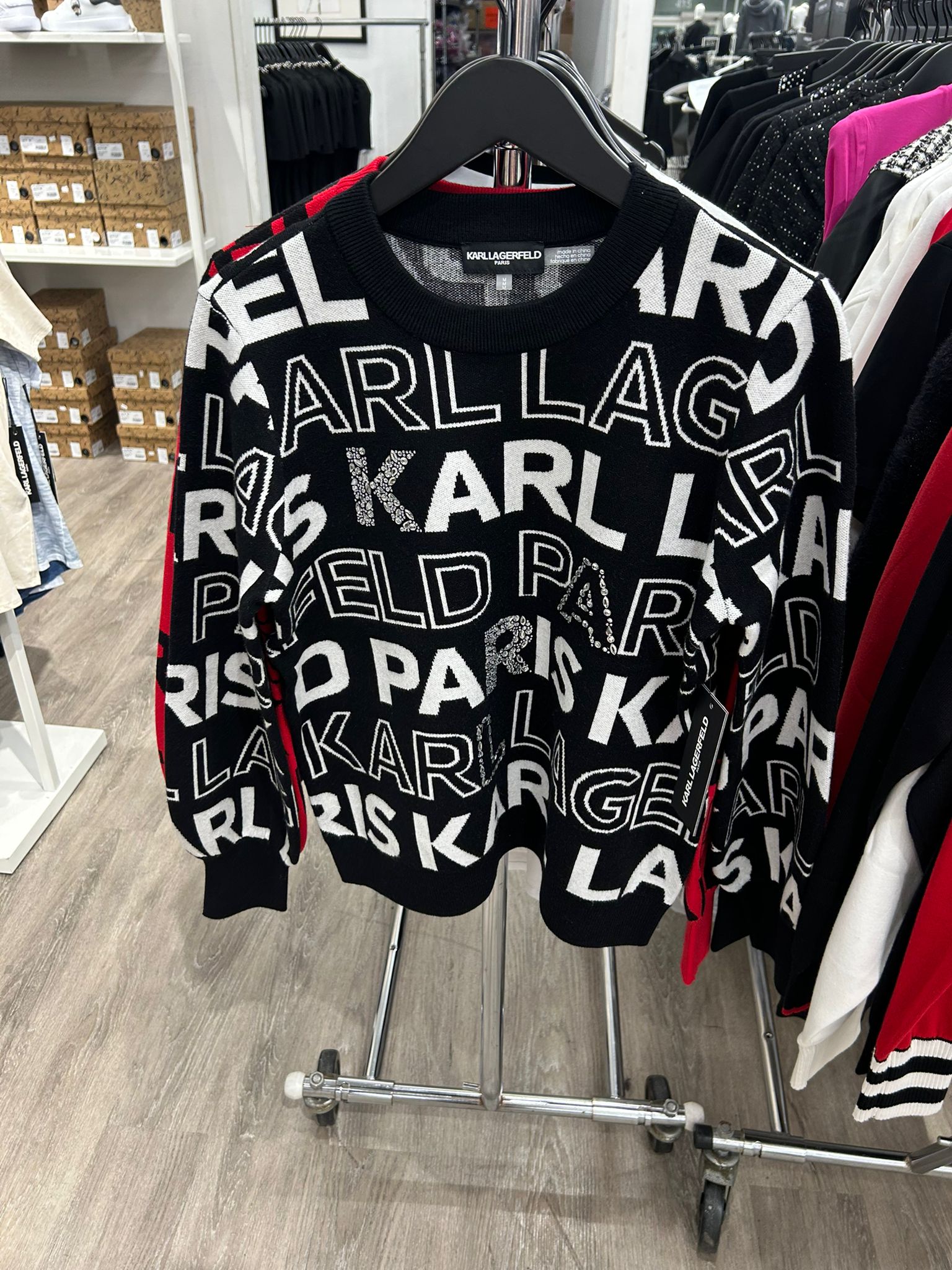 Karl Lagerfeld Paris Womens' LOGO EMBELLISHED SWEATER BLACK