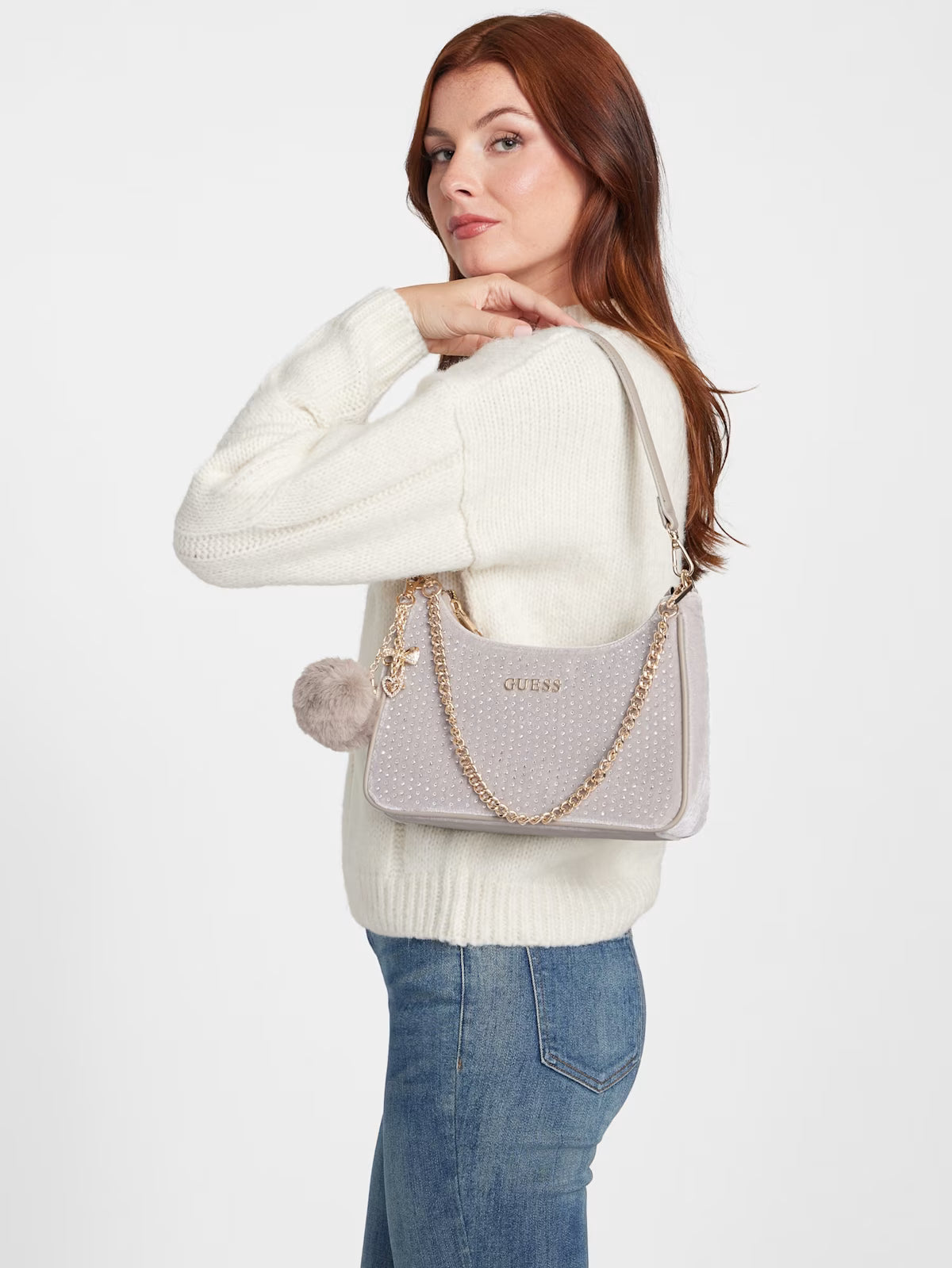 Women's Guess Holly Velvet Shoulder Bag Gray