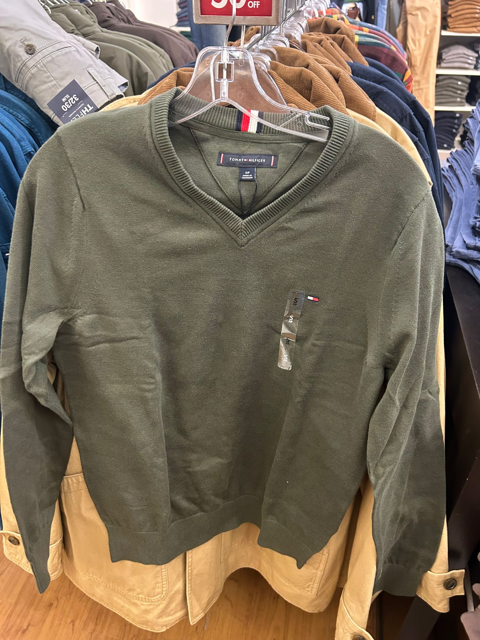 Tommy MENS' Solid Logo V-Neck Sweater Dark Olive