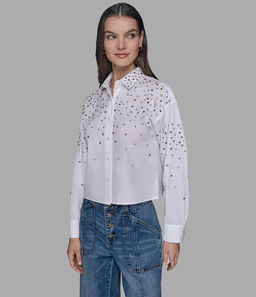 Karl Lagerfeld Paris Womens' LONG SLEEVE CROP STUDDED POPLIN SHIRT