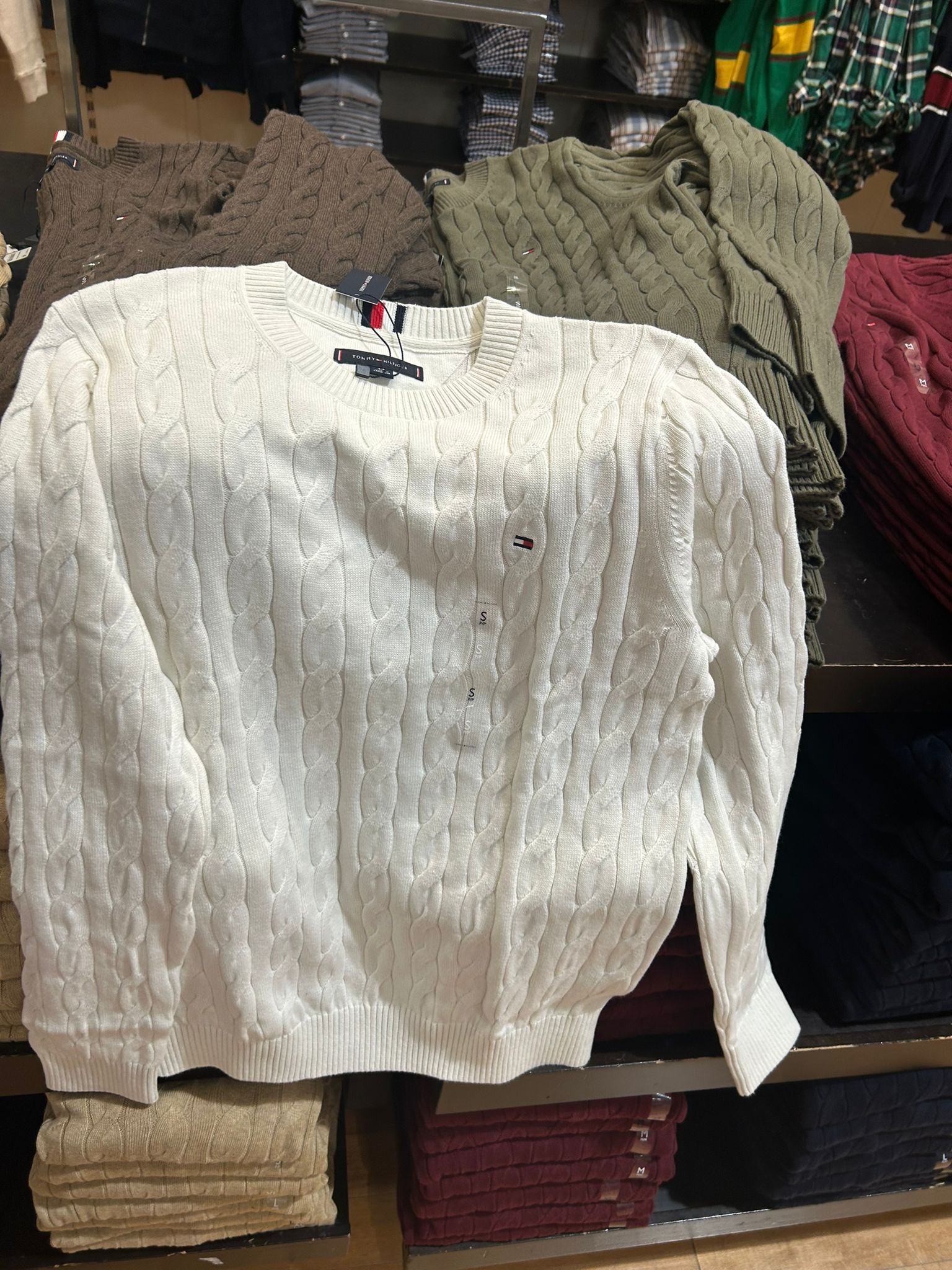 Tommy Hilfiger MENS' Cable Knit Crewneck Sweater Ivory