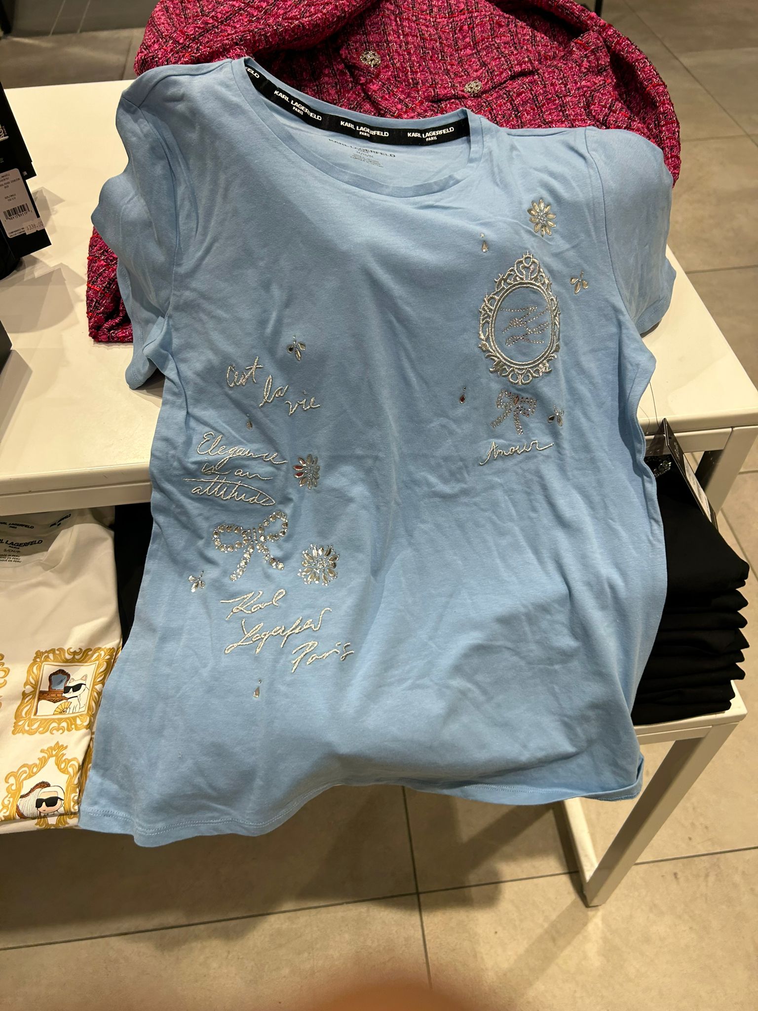 Karl Lagerfeld Paris Womens'  EMBELLISED ICONS TEE - BLUE