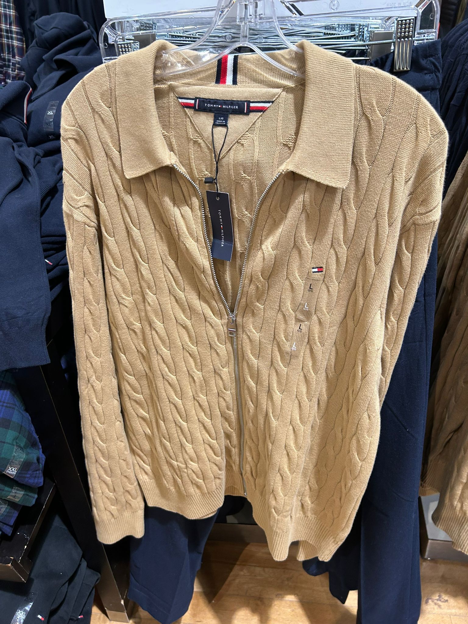 Tommy MENS' Cable Knit Zip Polo Cardigan Classic Khaki