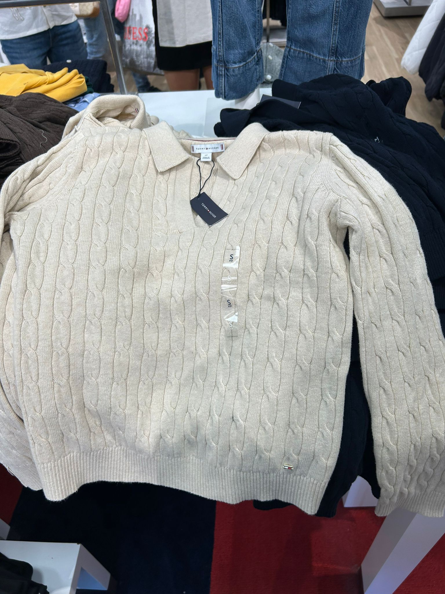 Womens' Tommy Open Placket Cable Knit Sweater Polo Dark Beige