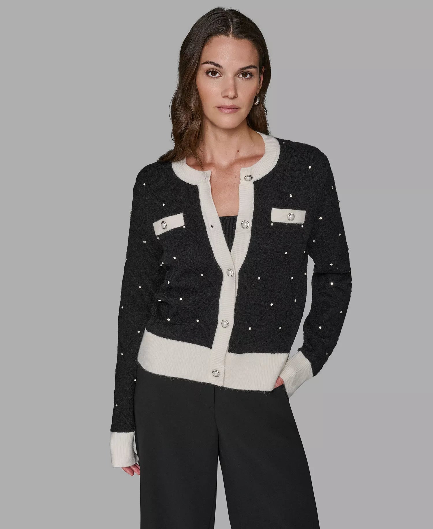 KARL LAGERFELD PARIS Women's Crew Neck Front-Button Cardigan Sweater
