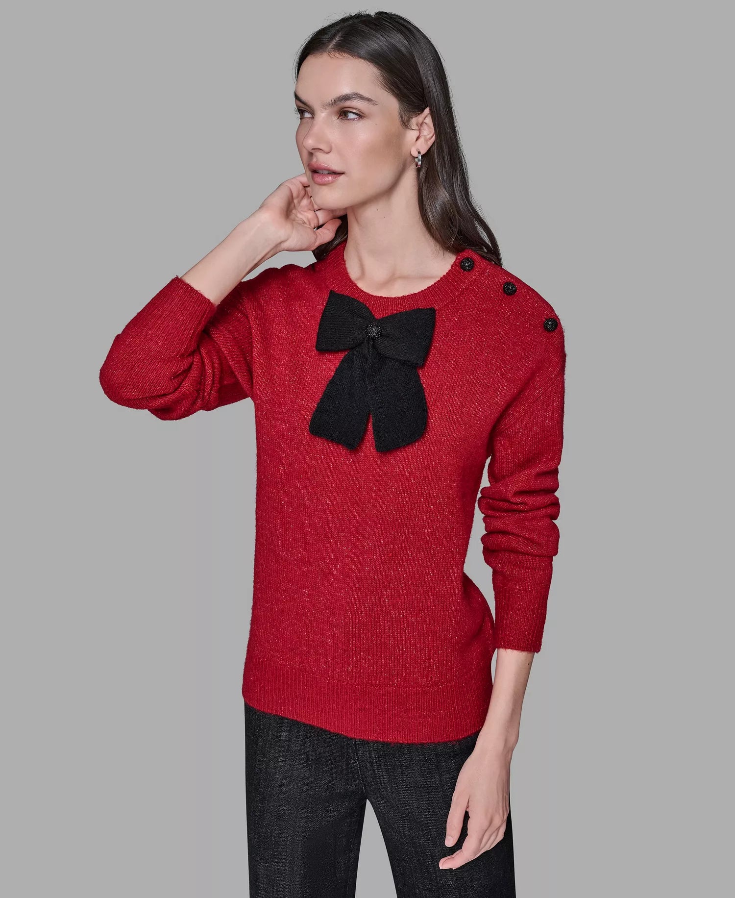 Womens' KARL LAGERFELD PARIS Women's Big Bow Applique Long Sleeve Sweater Admiral/bk