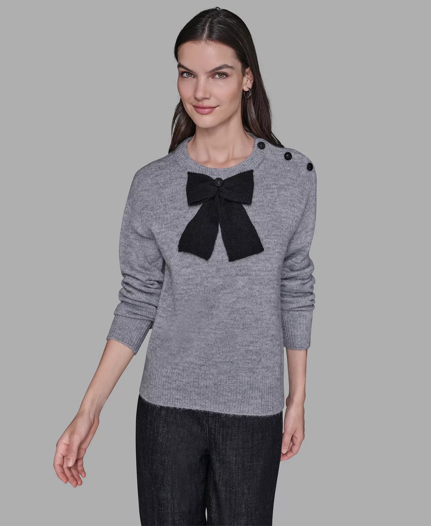 Womens' KARL LAGERFELD PARIS Women's Big Bow Applique Long Sleeve Sweater Dwn Gry Ht