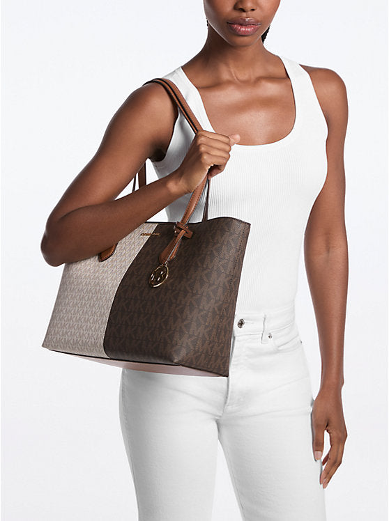 Women's Michael Kors Sheila Large Two-Tone Signature Logo Tote Bag BROWN MULTI