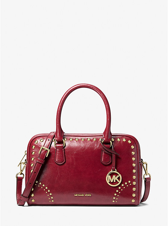Michael Kors WOMENS' Thompson Medium Distressed Studded Satchel CHERRY