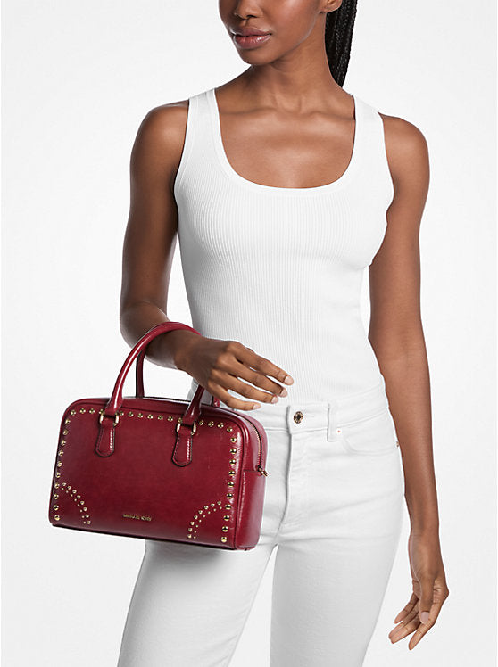 Michael Kors WOMENS' Thompson Medium Distressed Studded Satchel CHERRY